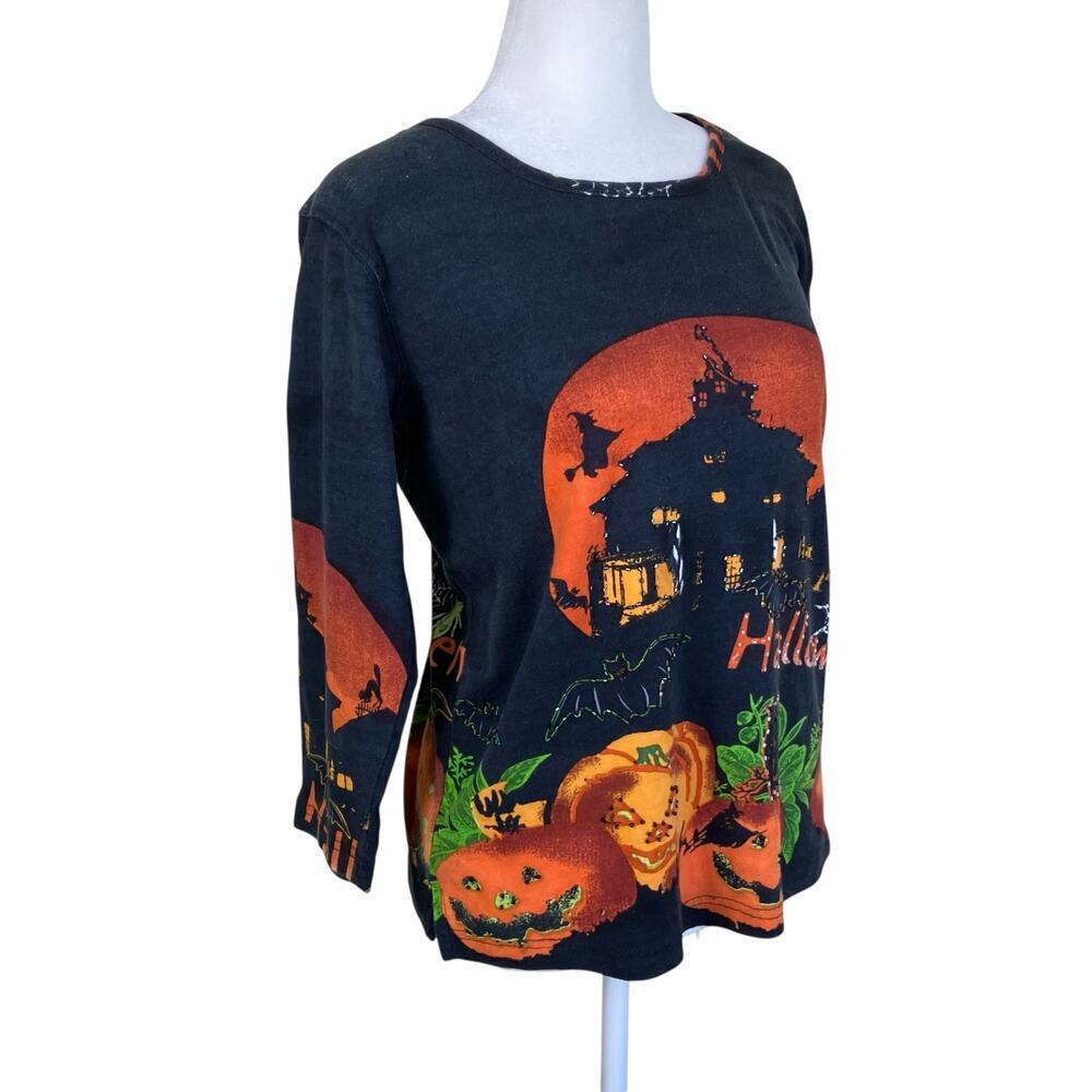 Vintage Jane Ashley Sz M Halloween Shirt Black Orange Beaded Haunted House - Picture 2 of 15